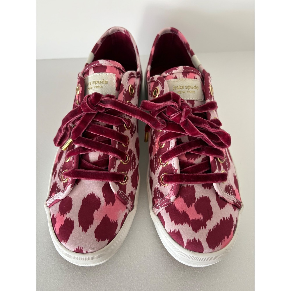 Kate Spade x Keds Triple Kick Burgundy Leopard Satin Sneakers Velvet Laces 7.5